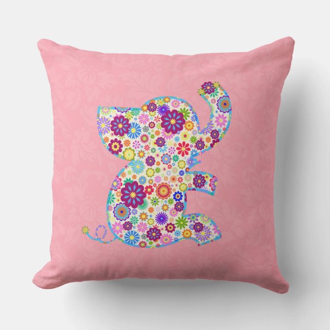 Cute Retro Flowers Cartoon Style Elephant Throw Pillow (Front)