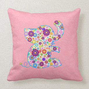 Cute Retro Flowers Cartoon Style Elephant Throw Pillow
