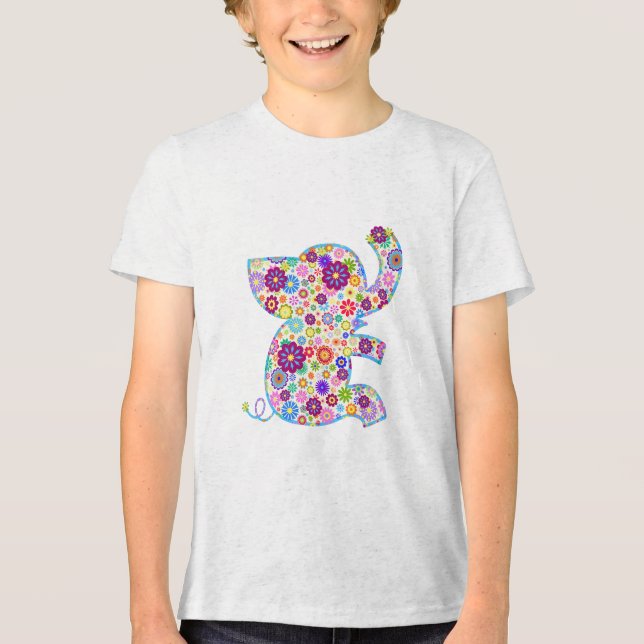 Cute Retro Flowers Cartoon Style Elephant Tri-Blend Shirt (Front)