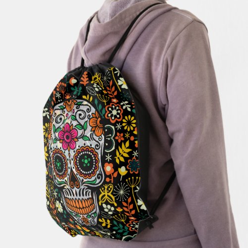 Cute Retro Flowers  Floral Sugar Skull Drawstring Bag