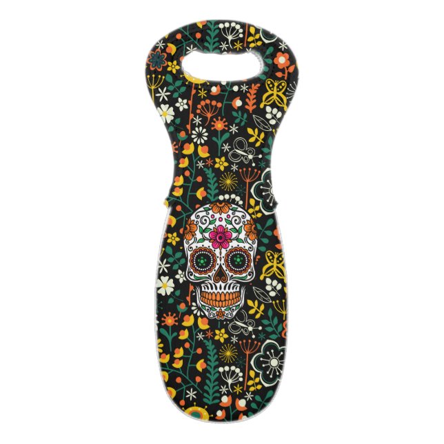 Cute Retro Flowers Floral Sugar Skull Wine Bag (Back Flat)