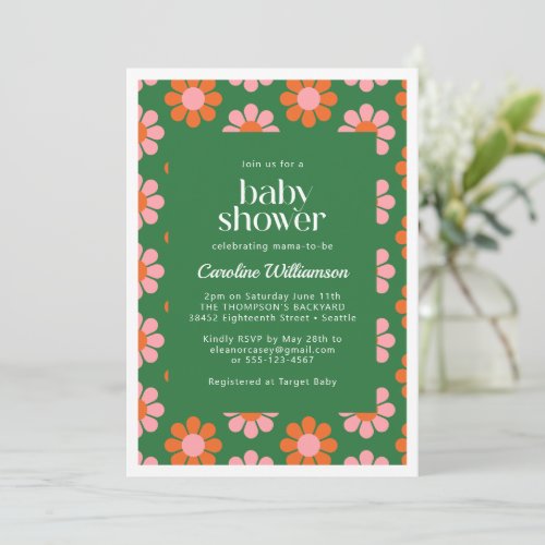 Cute Retro Flowers Green Pink Baby Shower Invitation