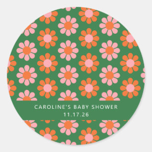 Cute Retro Flowers Green Pink Custom Baby Shower Classic Round Sticker