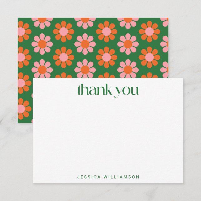 Cute Retro Flowers Green Pink Custom Baby Shower  Thank You Card (Front/Back)