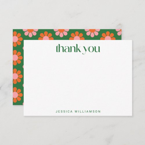 Cute Retro Flowers Green Pink Custom Baby Shower  Thank You Card