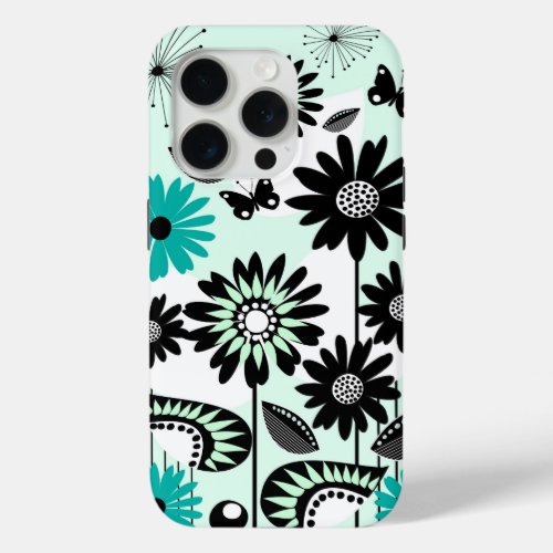 Cute retro flowers leaves and butterflies iPhone 15 pro case