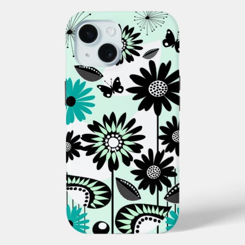 Cute retro flowers leaves and butterflies iPhone 15 case
