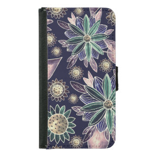 Cute Retro Flowers on Navy Background Samsung Galaxy S5 Wallet Case
