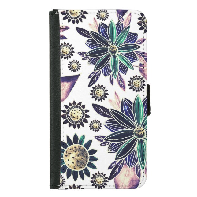 Cute Retro Flowers on White Background Samsung Galaxy Wallet Case (Front)