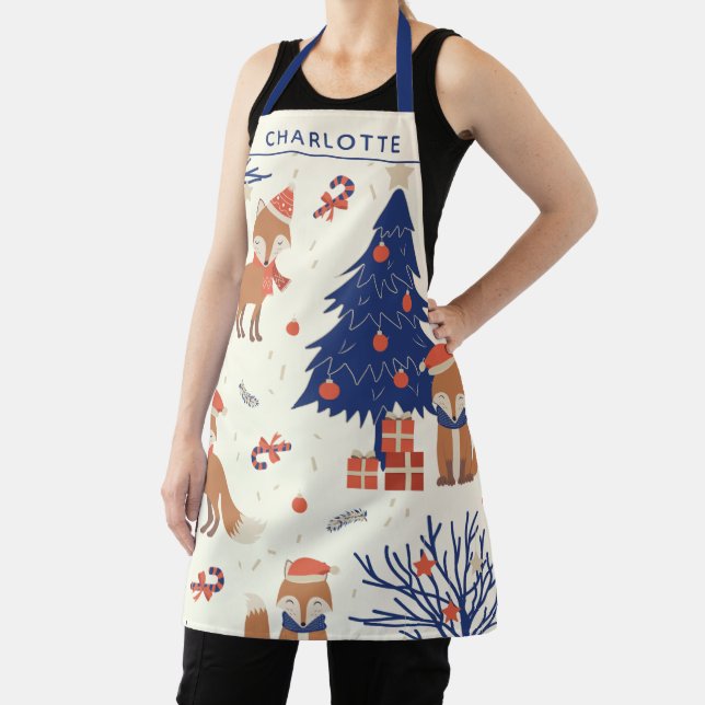 Cute Retro Fox and Christmas Tree Personalized Apron (Insitu)