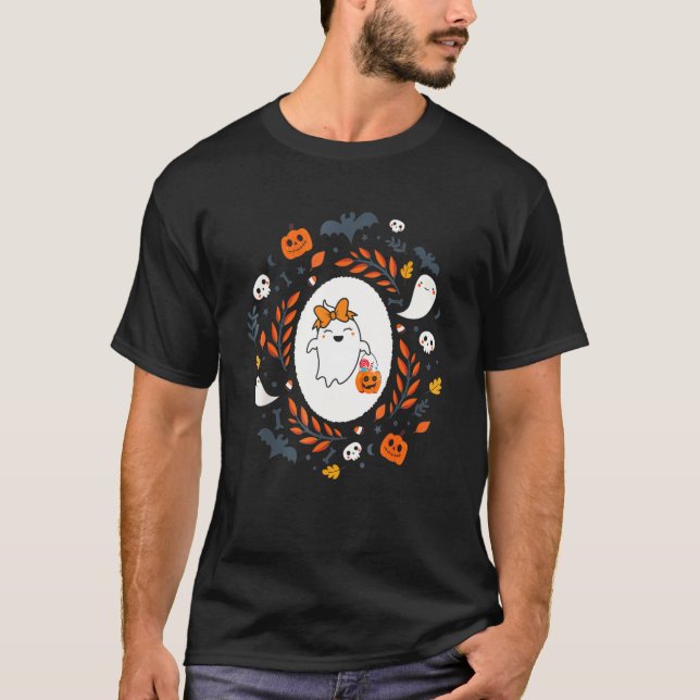 Cute Retro Funny Ghost Pumpkin Fall Halloween Wome T-Shirt (Front)