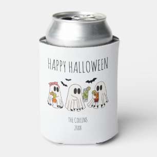 Cute Retro Ghost and Cocktails Happy Halloween Can Cooler