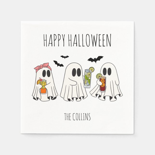 Cute Retro Ghost and Cocktails Happy Halloween Napkins (Front)