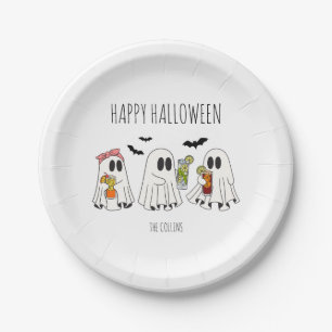 Cute Retro Ghost and Cocktails Happy Halloween Paper Plates