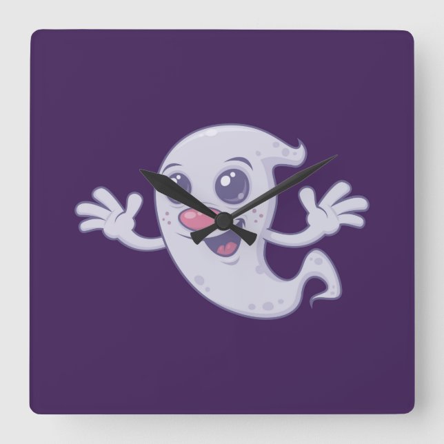 Cute Retro Ghost Square Wall Clock (Front)