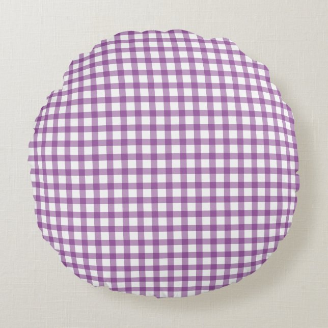 Cute Retro Gingham Plaid Purple Pattern Round Pillow (Front)