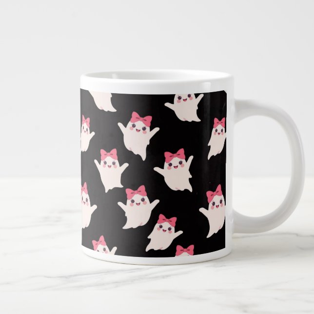 Cute Retro Girl Ghost with Pink Hair Bow Giant Coffee Mug (Right)