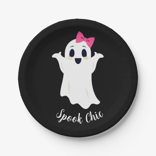 Cute Retro Girl Ghost with Pink Hair Bow Paper Plates (Front)