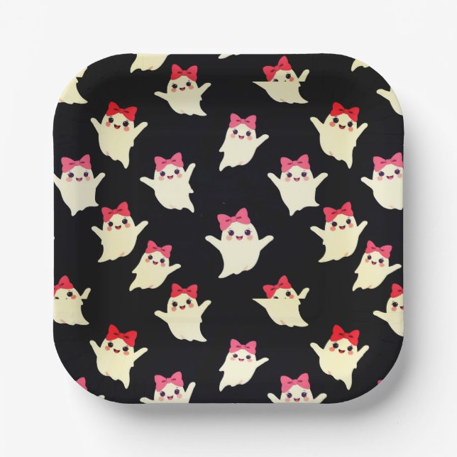 Cute Retro Girl Ghost with Pink Hair Bow Paper Plates (Front)