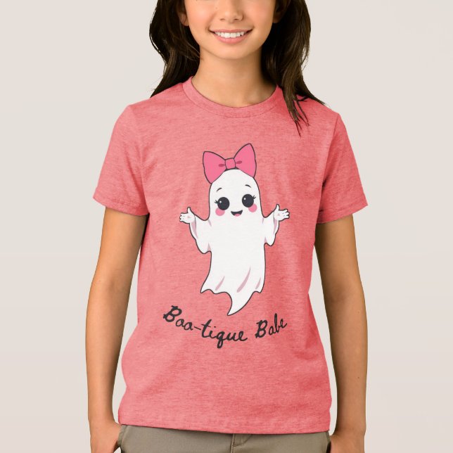Cute Retro Girl Ghost with Pink Hair Bow Tri-Blend Shirt (Front)