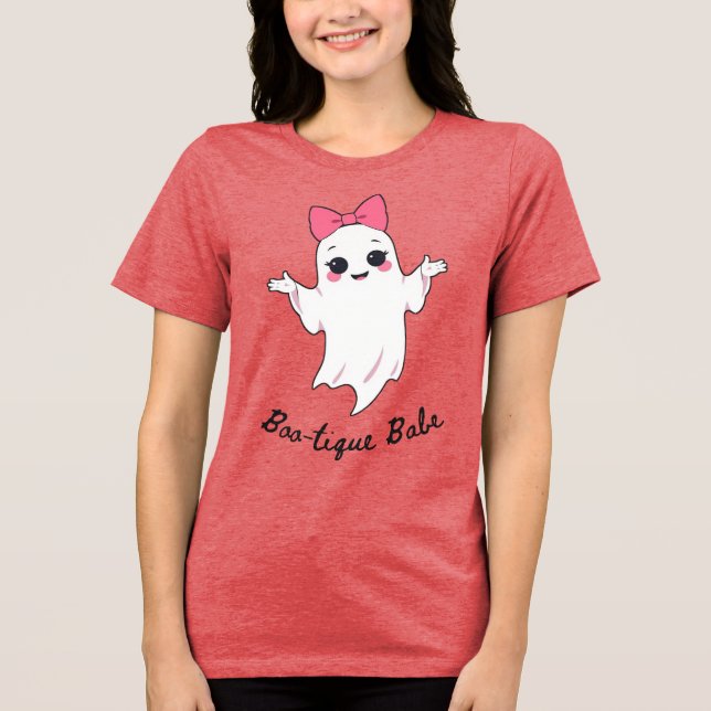 Cute Retro Girl Ghost with Pink Hair Bow Tri-Blend Shirt (Front)