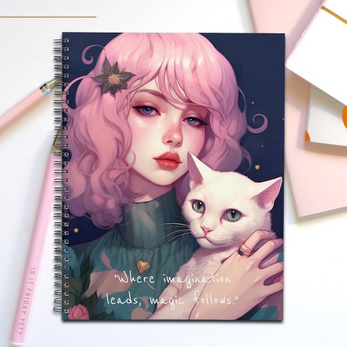 Cute Retro Girl Pink Hair Cat Motivational Quote Planner