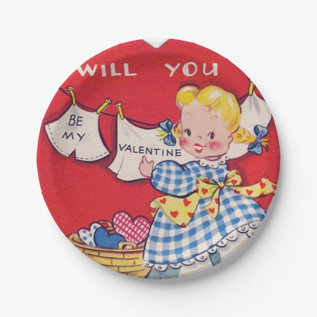 Cute retro girl Valentine party plate (Front)