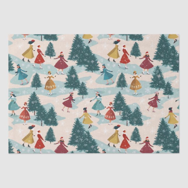 Cute Retro Girls Ice-Skating Tissue Paper (Front)