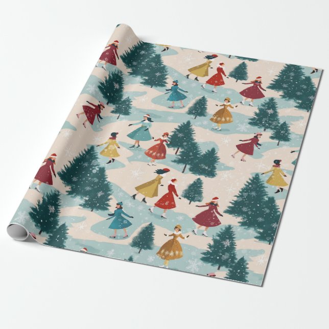 Cute Retro Girls Skating Wrapping Paper (Unrolled)