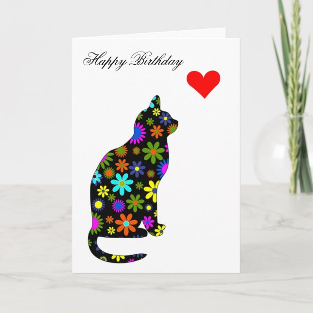Cute Retro Girly Birthday Floral Cat Feline Heart Card (Front)