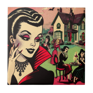 Cute Retro Goth Vampire Woman Comics Ceramic Tile