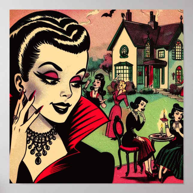 Cute Retro Goth Vampire Woman Comics Poster (Front)
