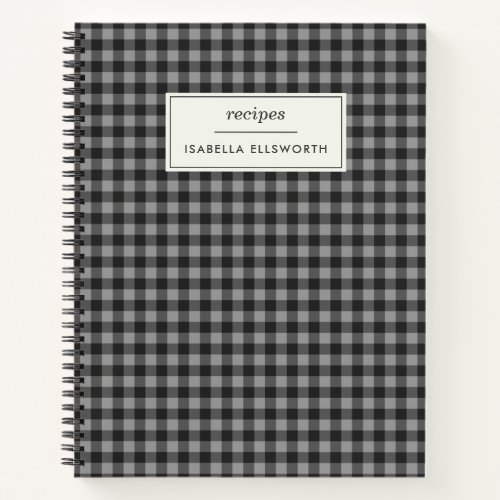 Cute Retro Gray Gingham Plaid Personalized Recipe Notebook