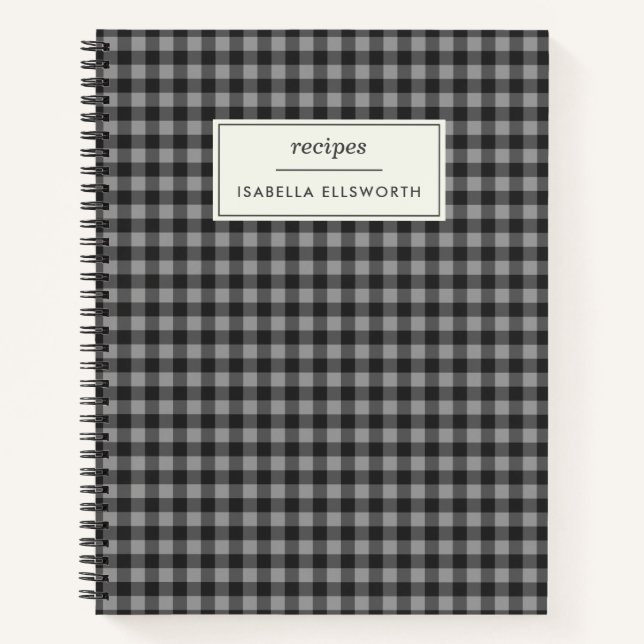 Cute Retro Gray Gingham Plaid Personalized Recipe Notebook (Front)
