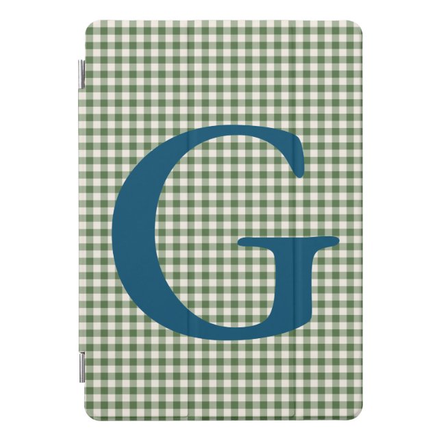 Cute Retro Green Gingham Plaid Pattern Monogram iPad Pro Cover (Front)