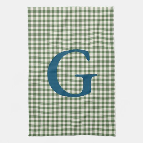 Cute Retro Green Gingham Plaid Pattern Monogram  Kitchen Towel