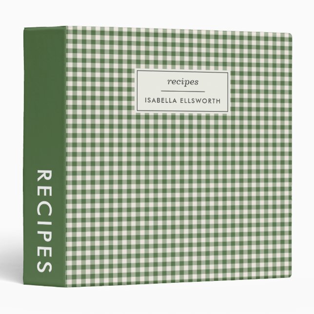 Cute Retro Green Gingham Plaid Personalized Recipe 3 Ring Binder (Front/Spine)