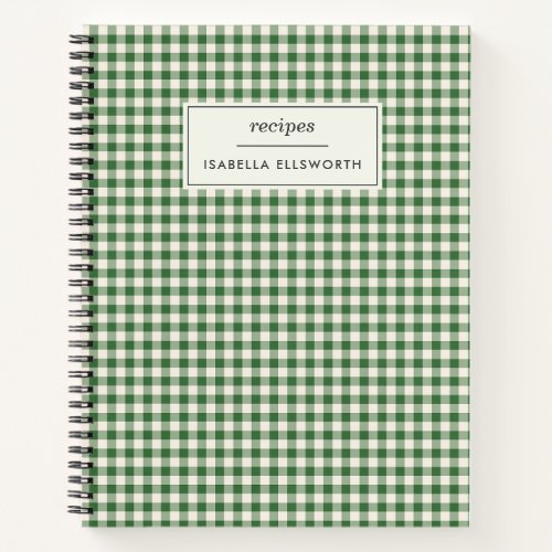 Cute Retro Green Gingham Plaid Personalized Recipe Notebook