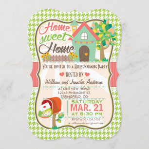 Cute, Retro Green Houndstooth Housewarming Party Invitation