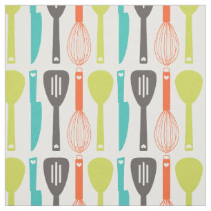 Cute Retro Green Orange Kitchen Utensils Pattern Fabric