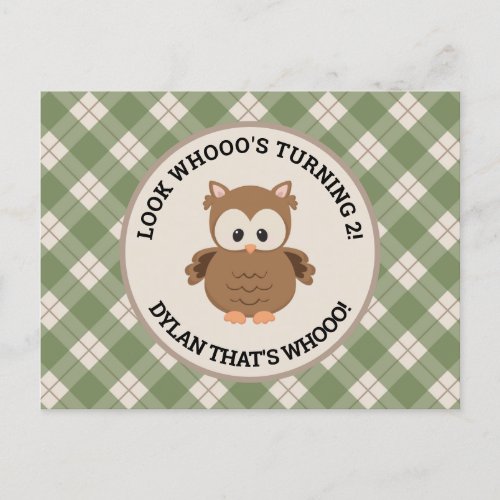 Cute Retro Green Plaid Owl Birthday Invitation Postcard
