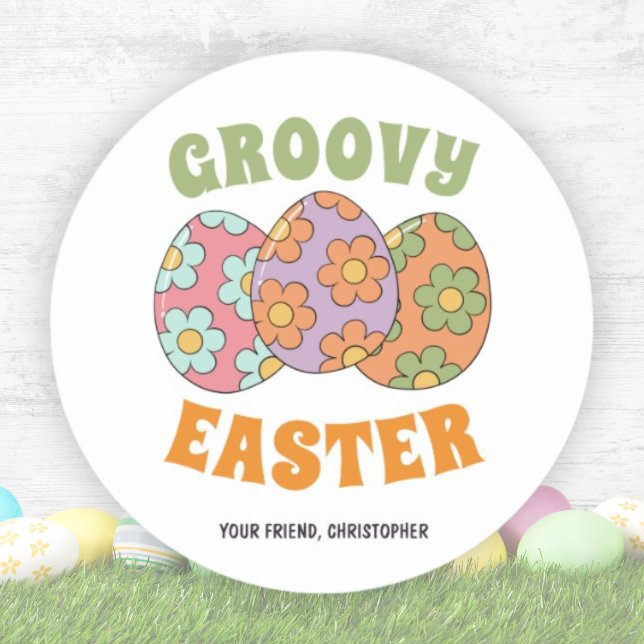 Cute Retro Groovy Easter Party Classic Round Sticker (Cute Retro Groovy Easter Party Classic Round Sticker)