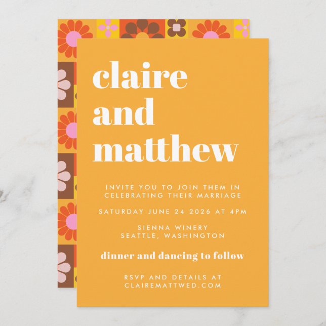 Cute Retro Groovy Geometric Yellow Bold Wedding Invitation (Front/Back)