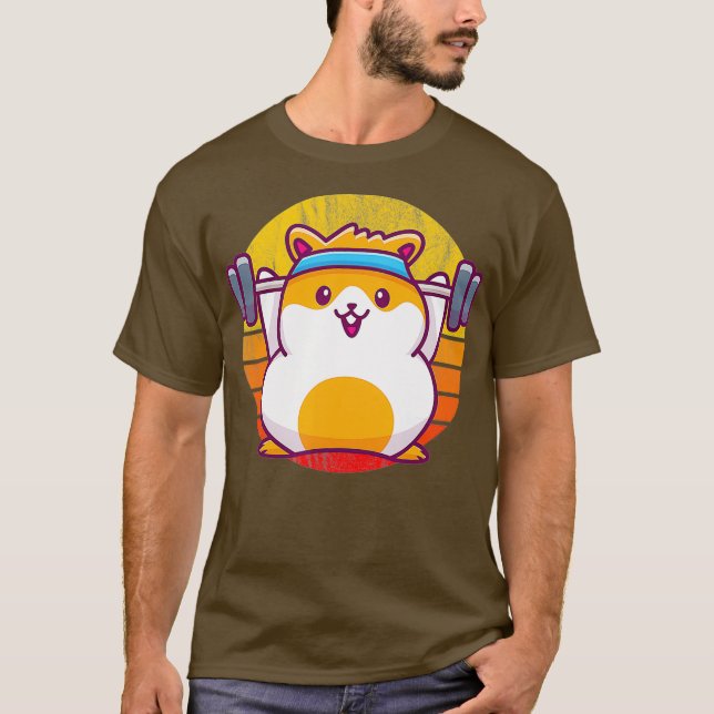 Cute Retro Gym Hamster Workout Distressed Sunset T-Shirt (Front)