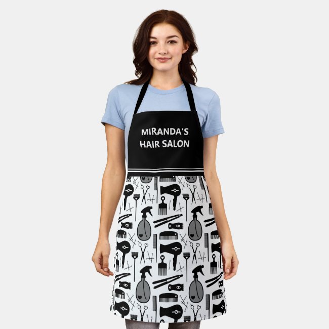Cute Retro Hair Stylist Pattern Business Name Apron