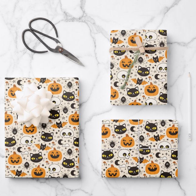 Cute Retro Halloween Pattern Wrapping Paper Sheets (Front)