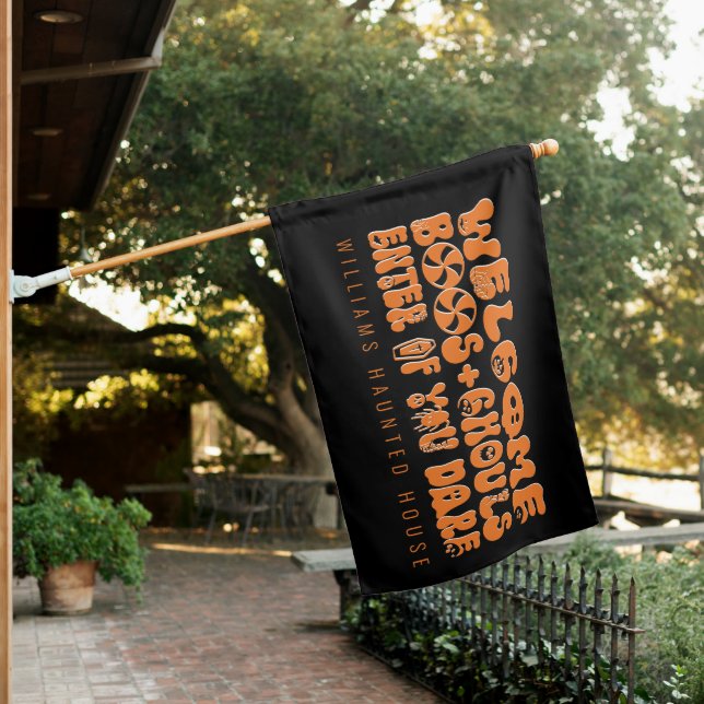 Cute Retro Halloween Welcome Pumpkin Ghost Skull  House Flag (In SItu)