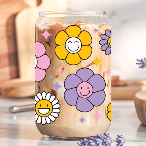 Drinkware 8 Cute Retro Happy Daisy Flowers Can Glass