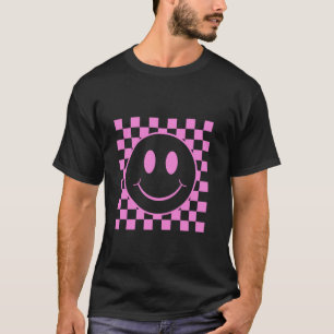 Cute Retro Happy Funny Pink Smile Face Checkered T-Shirt