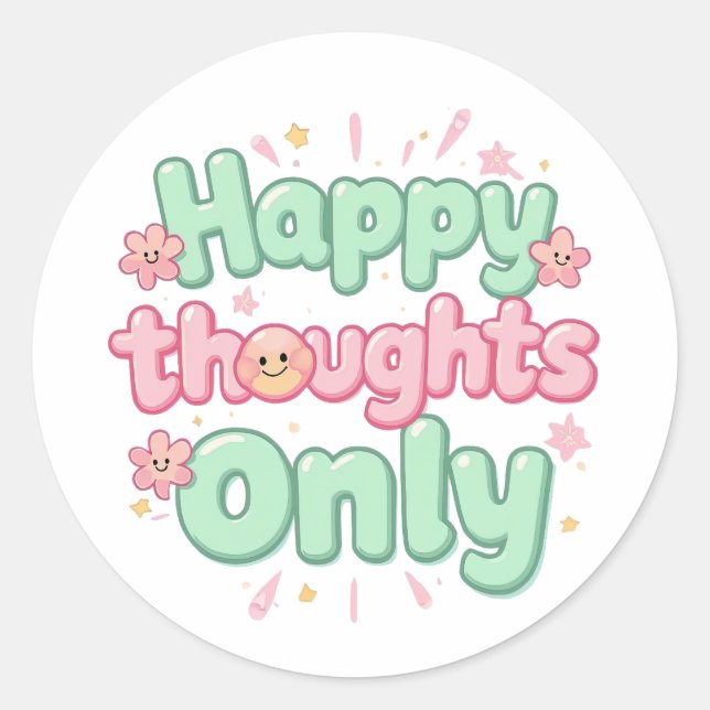 Cute Retro "Happy Thoughts Only" Classic Round Sticker (Front)